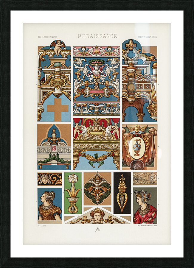 Renaissance pattern. 1888 edition Lornement Polychrome by Albert Racine 1825–1893. Picture Frame print