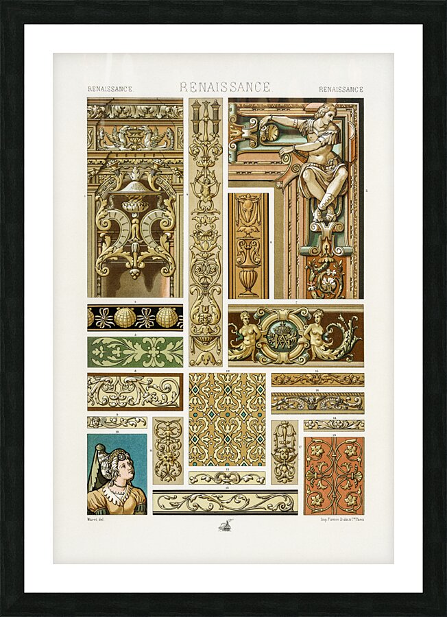 Renaissance pattern. 1888 edition Lornement Polychrome by Albert Racine 1825–1893. Picture Frame print