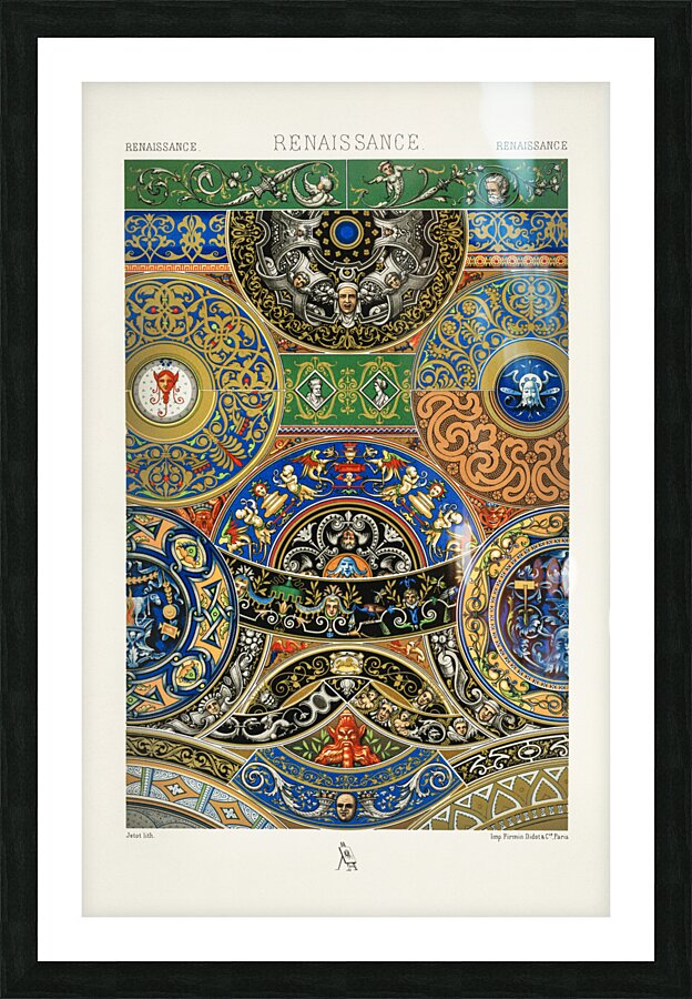 Renaissance pattern. 1888 edition Lornement Polychrome by Albert Racine 1825–1893. Picture Frame print