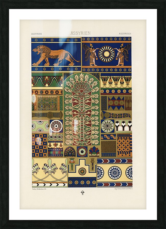 Assyrian pattern. 1888 edition Lornement Polychrome by Albert Racine 1825–1893. Picture Frame print