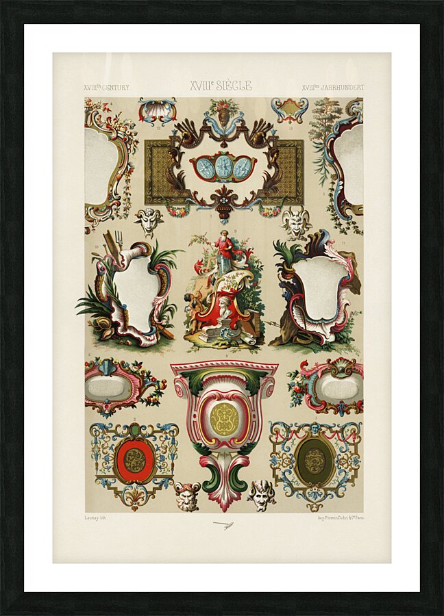 18th Century pattern. 1888 edition Lornement Polychrome by Albert Racine 1825–1893. Picture Frame print