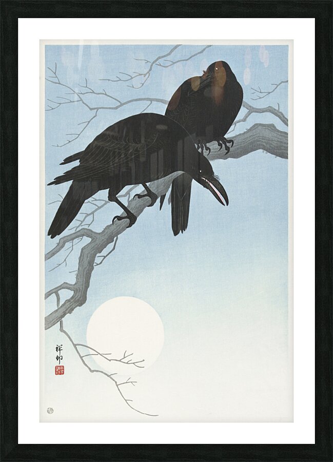 Two crows on a branch 1927 by Ohara Koson 1877-1945. Picture Frame print