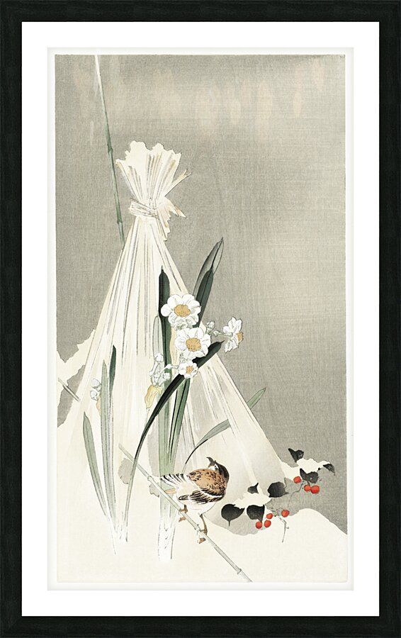 A bird with narcissus flowers and a hay bundle 1900-1930 by Ohara Koson 1877-1945. Picture Frame print