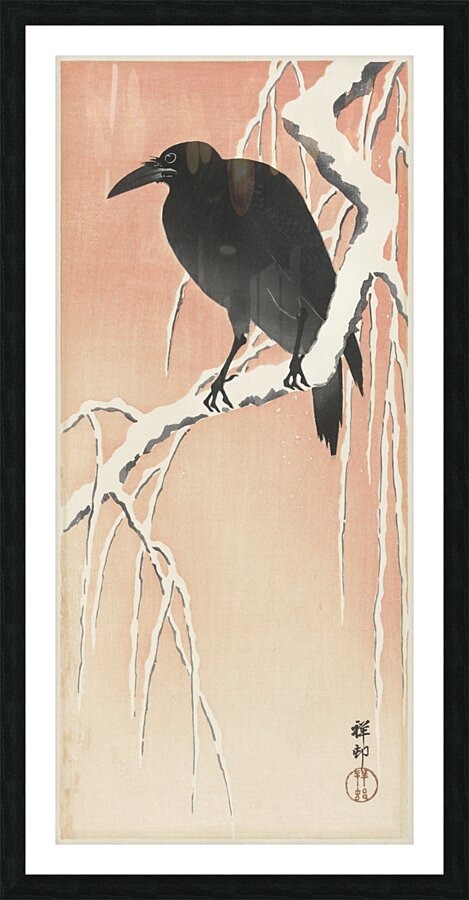 Crow on snowy branch 1900 - 1936 by Ohara Koson 1877-1945. Picture Frame print