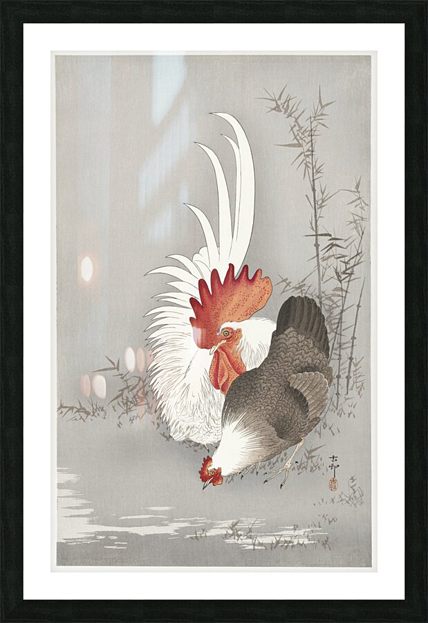 Rooster and chicken 1900 - 1930 by Ohara Koson 1877-1945. Picture Frame print
