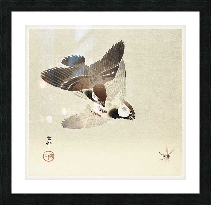 Ring sparrows and insect 1900 - 1936 by Ohara Koson 1877-1945. Picture Frame print