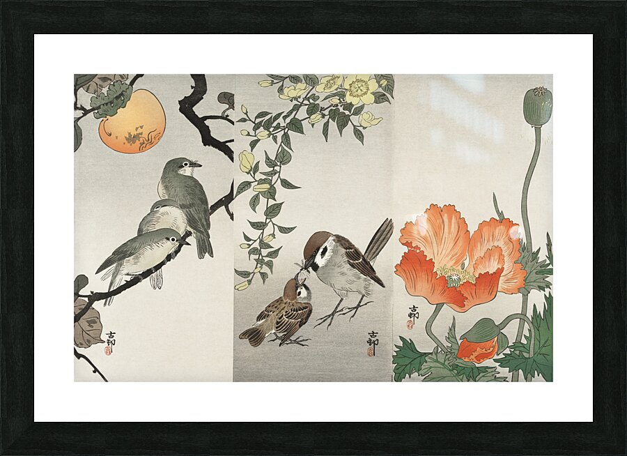 Ring sparrows and insect 1900 - 1936 by Ohara Koson 1877-1945. Picture Frame print