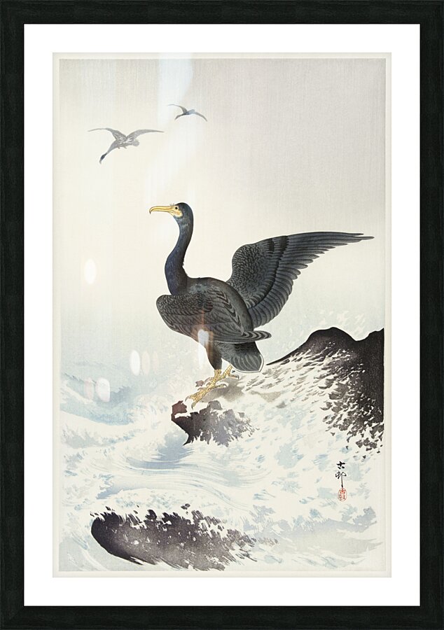 Red mask cormorant on rock 1900 - 1936 by Ohara Koson 1877-1945. Picture Frame print