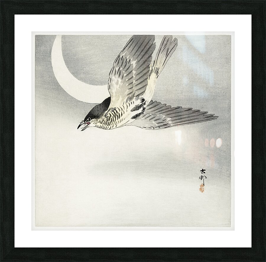 Cuckoo at crescent moon 1900 - 1930 by Ohara Koson 1877-1945. Picture Frame print