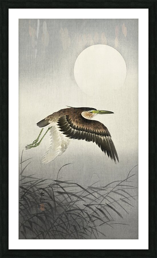 Heron at full moon 1900 - 1930 by Ohara Koson 1877-1945. Picture Frame print