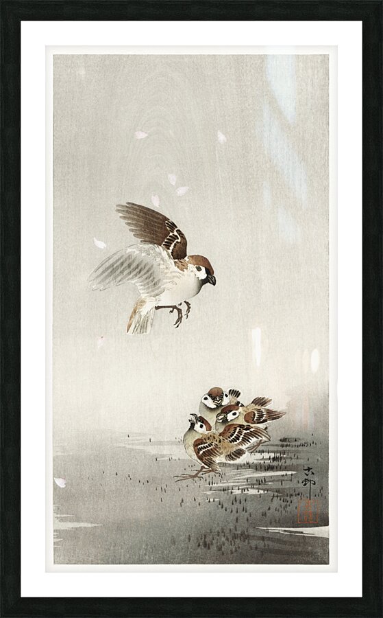 Tree sparrow with boy 1900 - 1936 by Ohara Koson 1877-1945. Picture Frame print