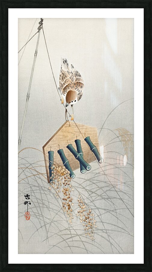 Ring sparrow on scarecrow 1900 - 1930 by Ohara Koson 1877-1945. Picture Frame print