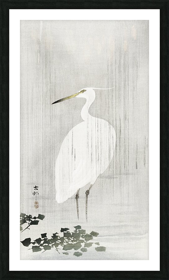 Egret in rain 1900 - 1930 by Ohara Koson 1877-1945. Picture Frame print