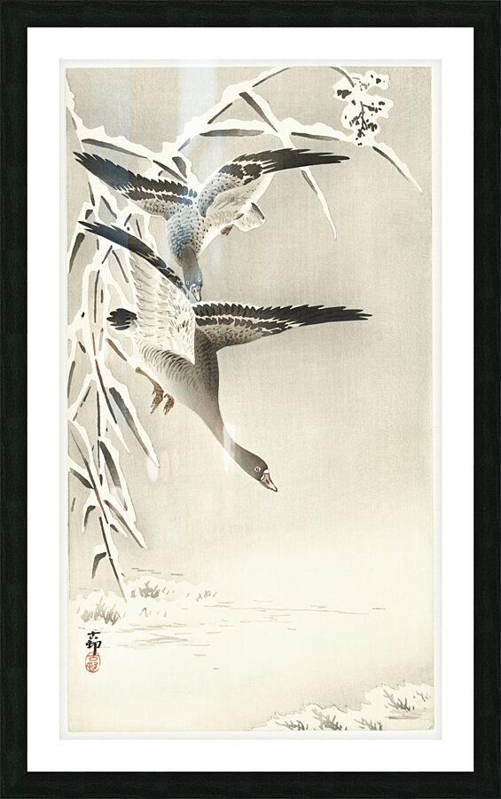 Two collies in snowy landscape 1900 - 1930 by Ohara Koson 1877-1945. Impression et Cadre photo