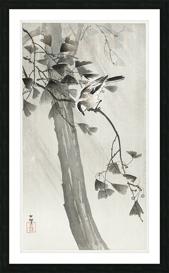 Long-tailed tit in storm 1900 - 1936 by Ohara Koson 1877-1945. Picture Frame print