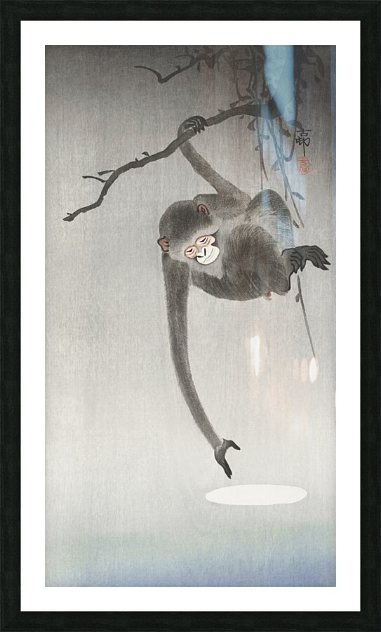 Monkey and reflection of the moon 1900 - 1936 by Ohara Koson 1877-1945. Picture Frame print