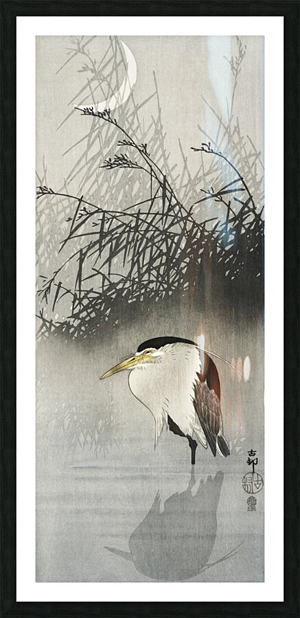 Heron at new moon 1900 - 1910 by Ohara Koson 1877-1945. Picture Frame print