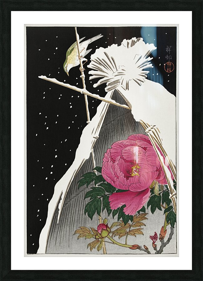 Siberian bluechat next to a peony 1925 - 1936 by Ohara Koson 1877-1945. Picture Frame print
