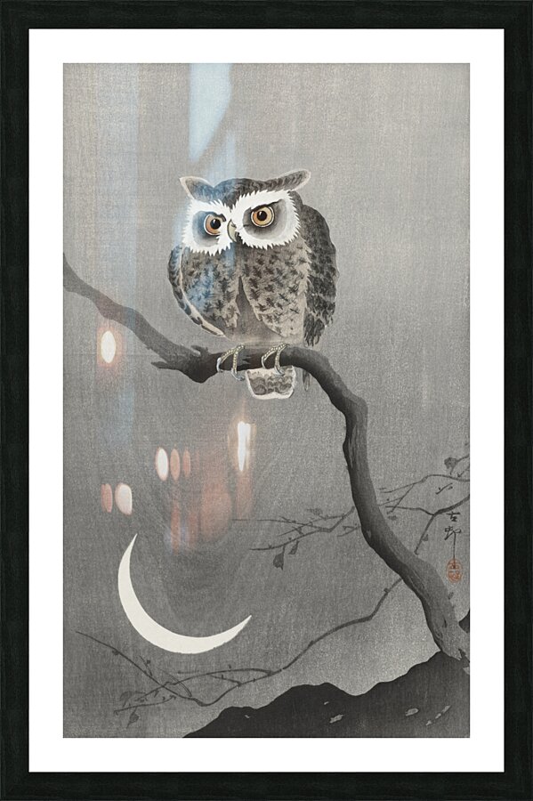 Long-eared owl on bare tree branch 1900 - 1930 by Ohara Koson 1877-1945. Picture Frame print