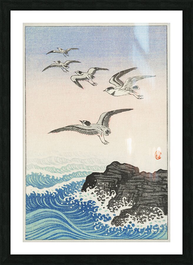Five seagulls above the sea 1900 - 1945 by Ohara Koson 1877-1945. Picture Frame print