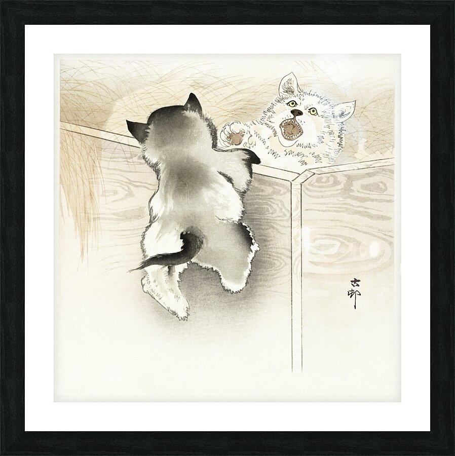 Two playing dogs 1900 - 1930 by Ohara Koson 1877-1945. Picture Frame print