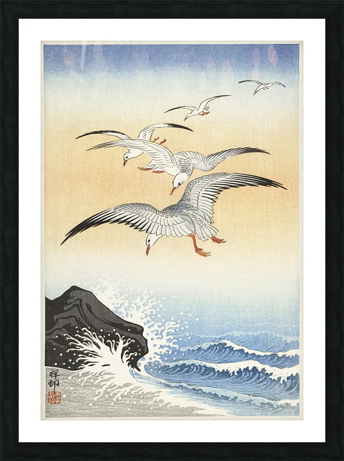 Five seagulls above turbulent sea 1900 - 1930 by Ohara Koson 1877-1945. Picture Frame print