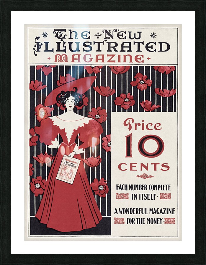 The New Illustrated Magazine 1890–1900 cover of flowers and a fashionably dressed woman holding magazine by Ethel Reed.  Picture Frame print