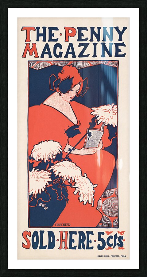 The Penny Magazine 1896 vintage cover of a woman holding a book with chrysanthemum flowers in foreground by Ethel Reed.  Picture Frame print