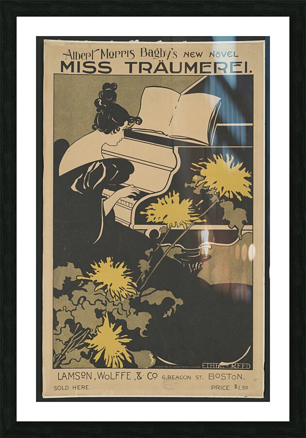 Woman playing piano with art nouveau style chrysanthemum flowers in foreground 1895 print by Ethel Reed. Picture Frame print