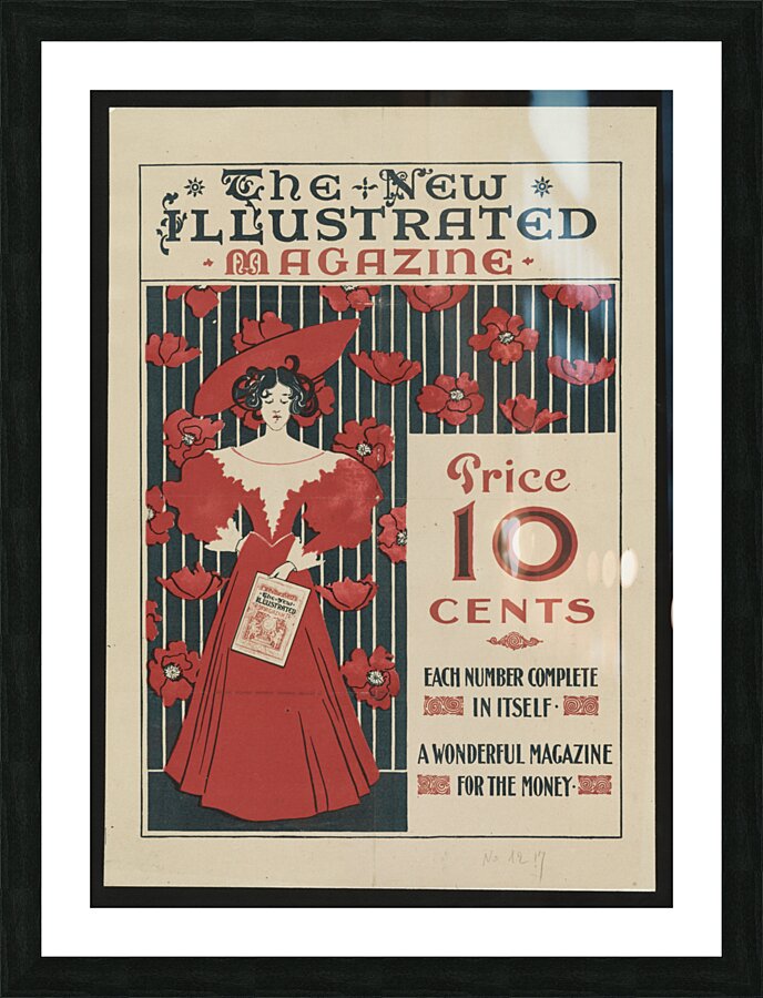 Flowers and a fashionably dressed woman standing and holding copy of the magazine 1890–1900 print by Ethel Reed. Picture Frame print