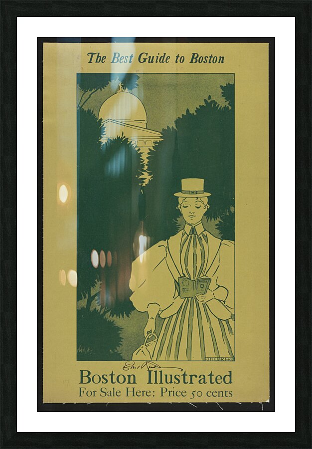 Woman wearing a striped dress with large sleeves a hat and carrying a purse 1898–1900 print by Ethel Reed. Picture Frame print