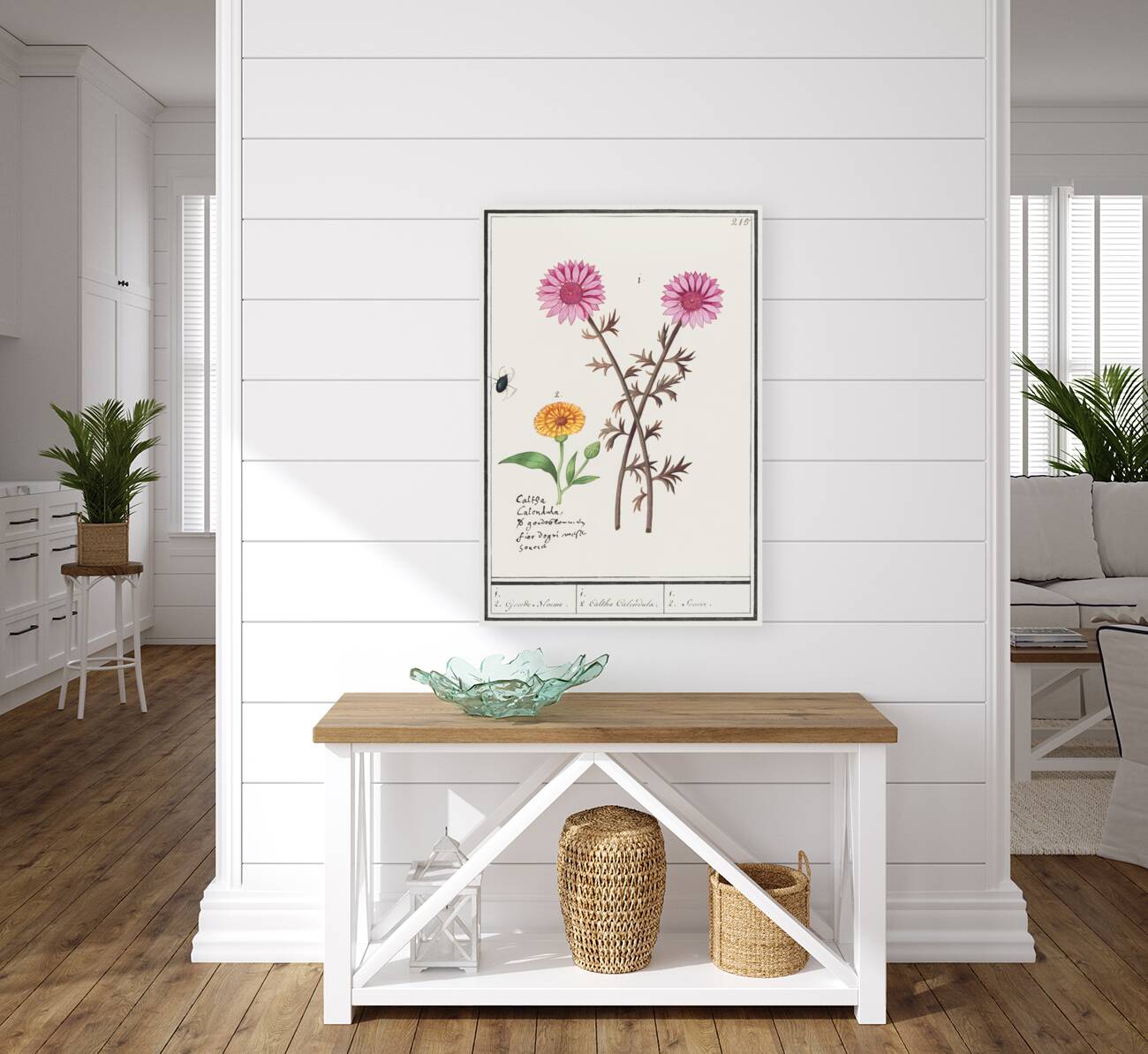 Pink flower and marigold in vintage style Reproduction