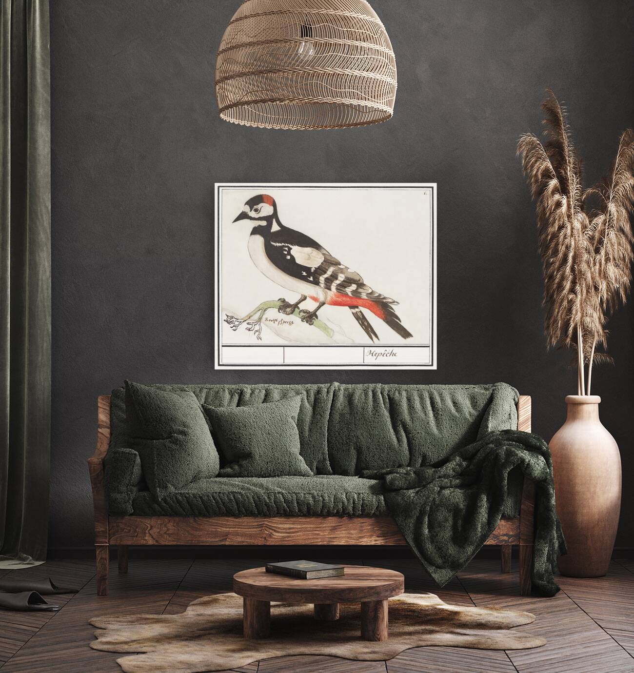 Great spotted woodpecker in vintage style Reproduction