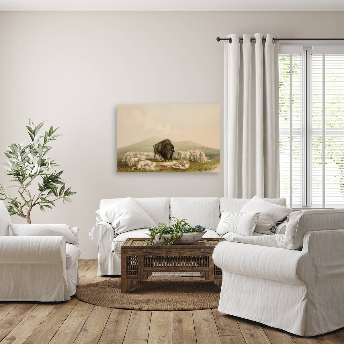 Buffalo Hunt White Wolves Attacking A Buffalo Bull 1844 Reproduction