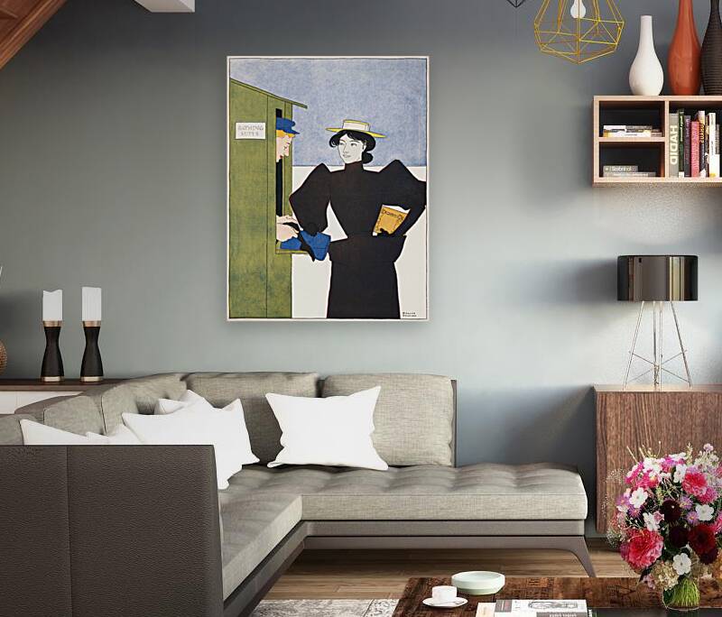 Woman picking up bathing suits 1895 by Edward Penfield Reproduction