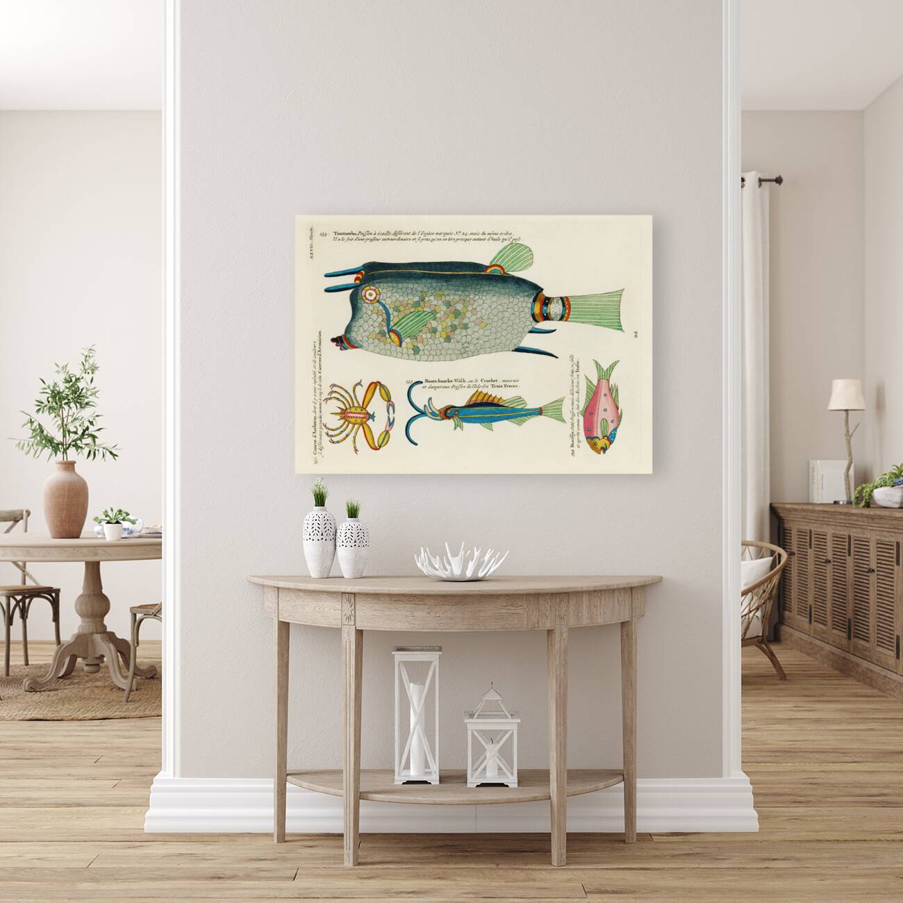 Colourful and surreal illustrations of fishes and crab found in Moluccas Indonesia and the East Indies by Louis Renard 1678 -1746 from Histoire naturelle des plus rares curiositez de la mer des Indes 1754. Reproduction