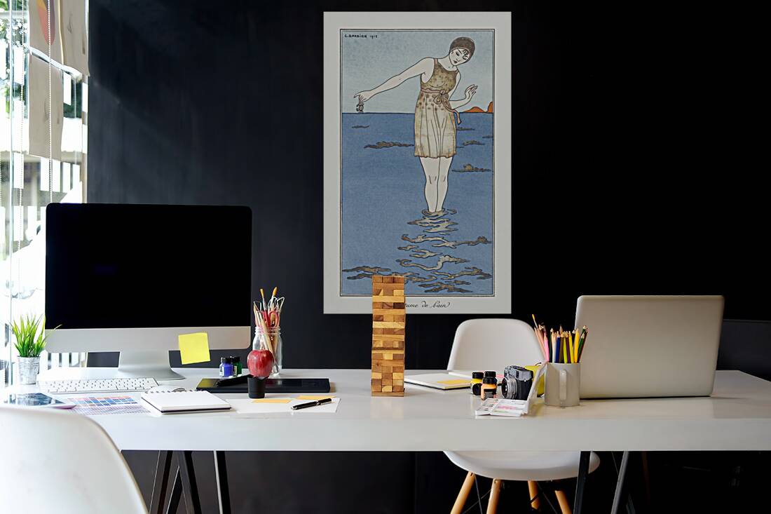 Costumes Parisiens: Costume de bain 1913 fashion illustration  by George Barbier.  Reproduction