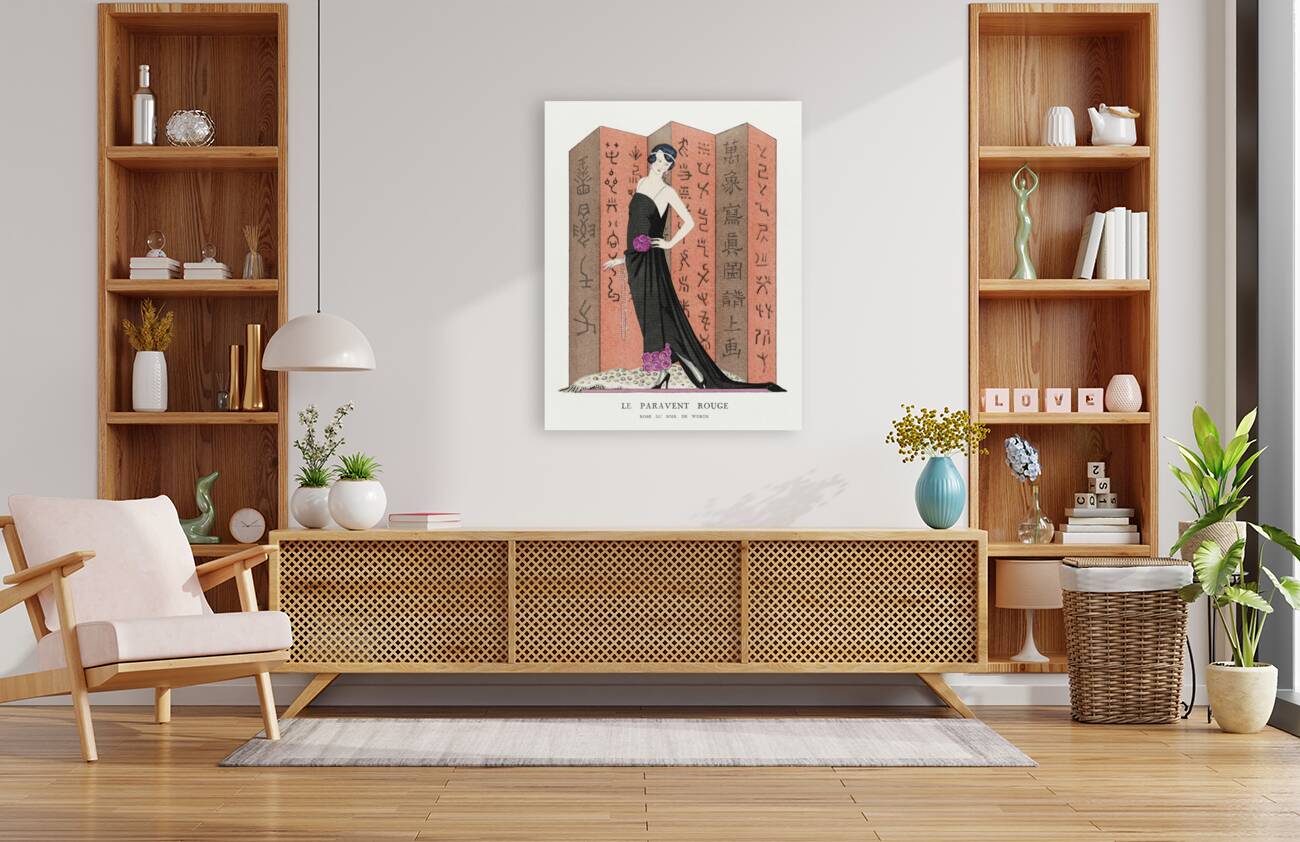 Le paravent rouge: Robe du soir de Worth from Gazette du Bon Ton. Art &ndash Modes & Frivolit&eacutes: Famous Fashion Houses No. 10 Pl. 80 1921 fashion illustration  by George Barbier.  Reproduction