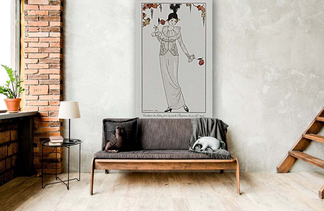 Costumes Parisiens no. 8: Tailleur de Satin gris de perle. Chapeau de paille noir from Journal des Dames et des Modes 1912 fashion illustration  by George Barbier.  Reproduction