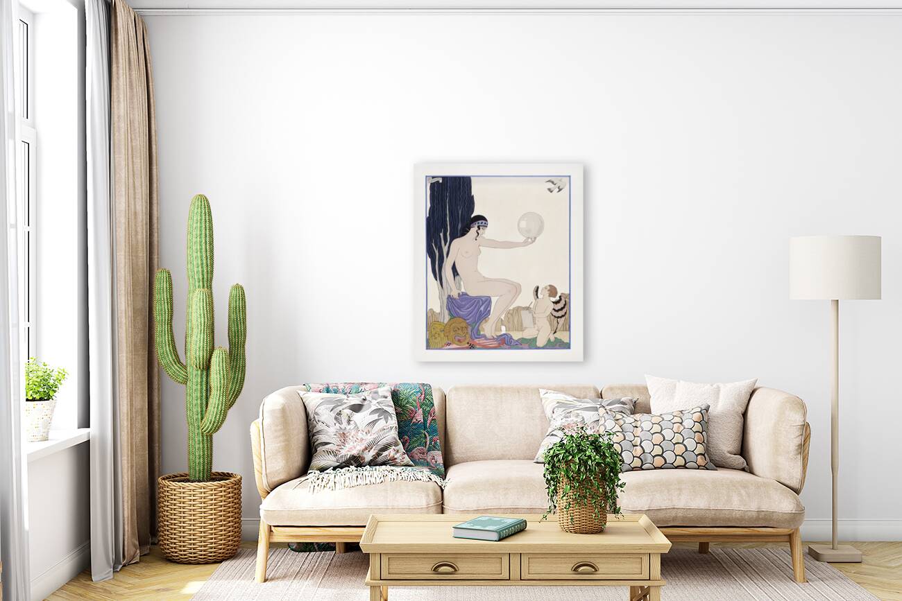 Seated woman and cherub 1929 fashion illustration by George Barbier. Reproduction