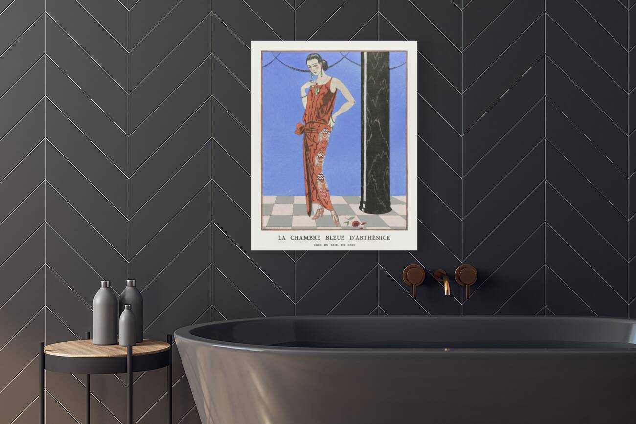 La chambre bleue darth&eacutenice / Robe du soir de Beer from Gazette du Bon Ton. Art &ndash Modes & Frivolit&eacutes: Evening Attire No. 1 1923 fashion illustration  by George Barbier.  Reproduction