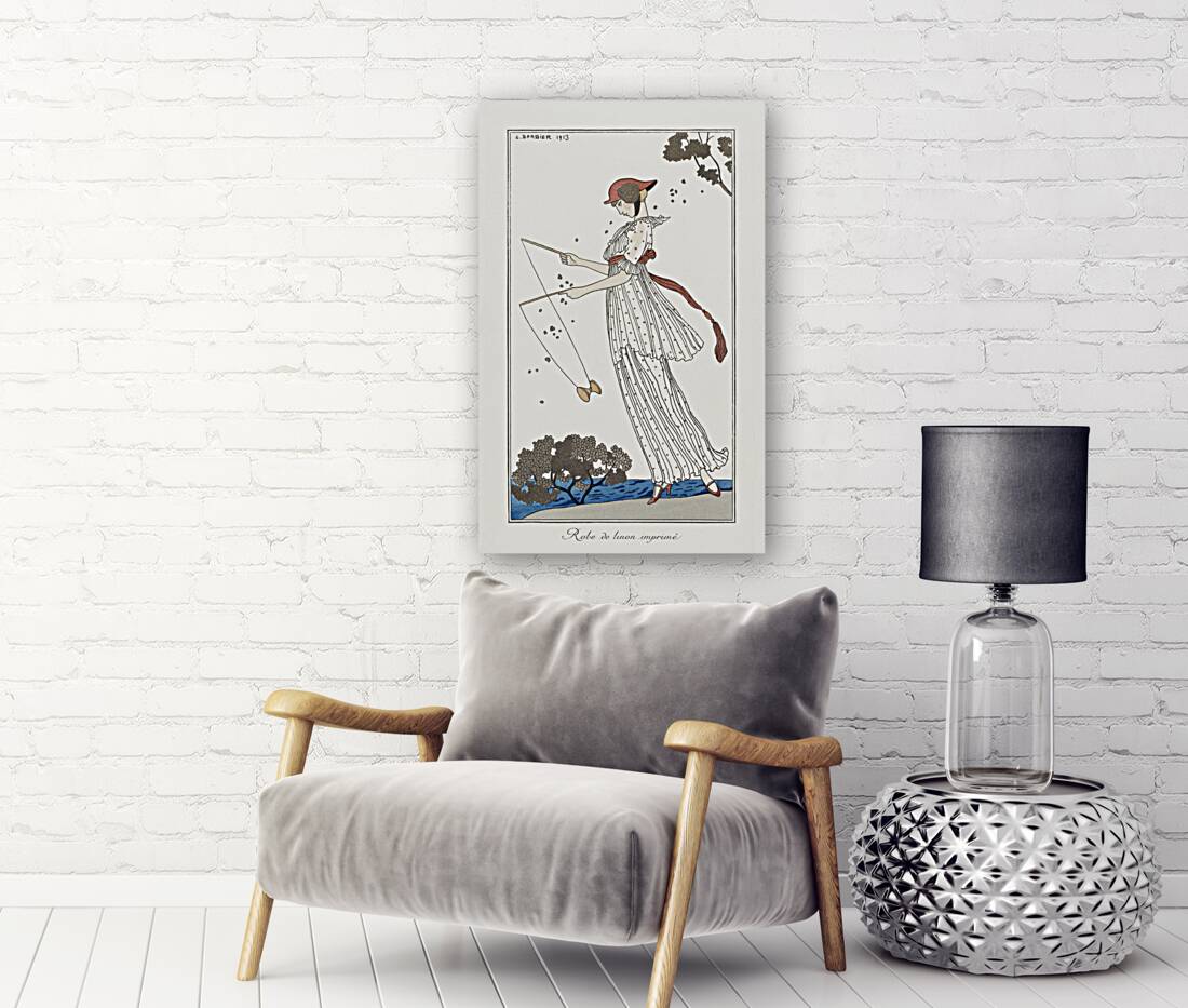 Costumes Parisiens: Robe de linon imprim&eacute from Journal des Dames et des Modes 1913 fashion illustration  by George Barbier.  Reproduction