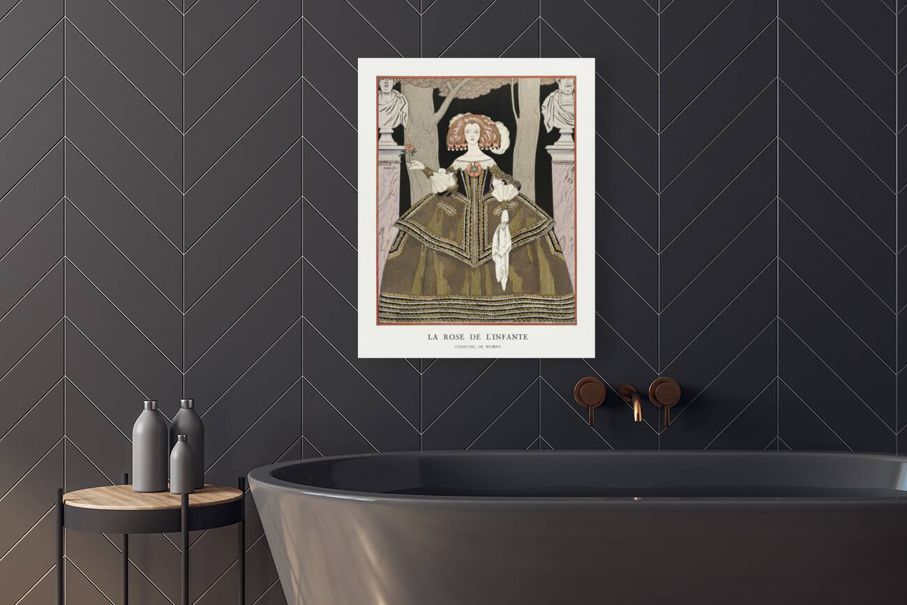La rose de linfante: Costume de Worth from Gazette du Bon Ton. Art- Modes & Frivolit&eacutes No. 8 1924 fashion illustration  by George Barbier.  Reproduction