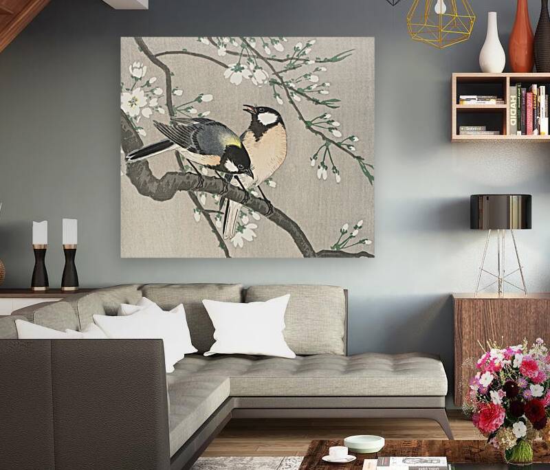 Tits on Cherry Branch 1900-1910 by Ohara Koson 1877-1945 Reproduction