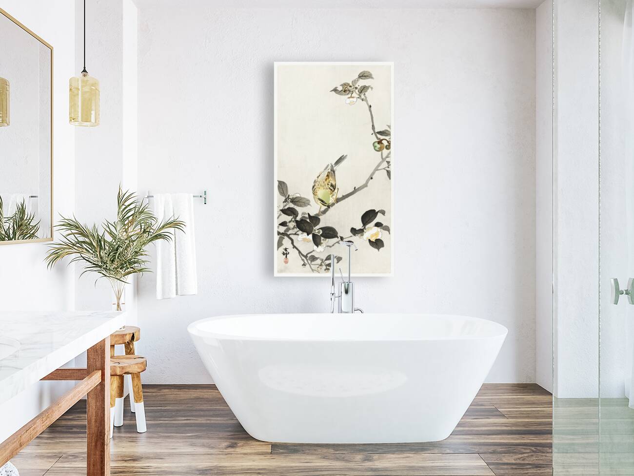 Bunting on blossom branch 1900 - 1930 by Ohara Koson 1877-1945. Reproduction