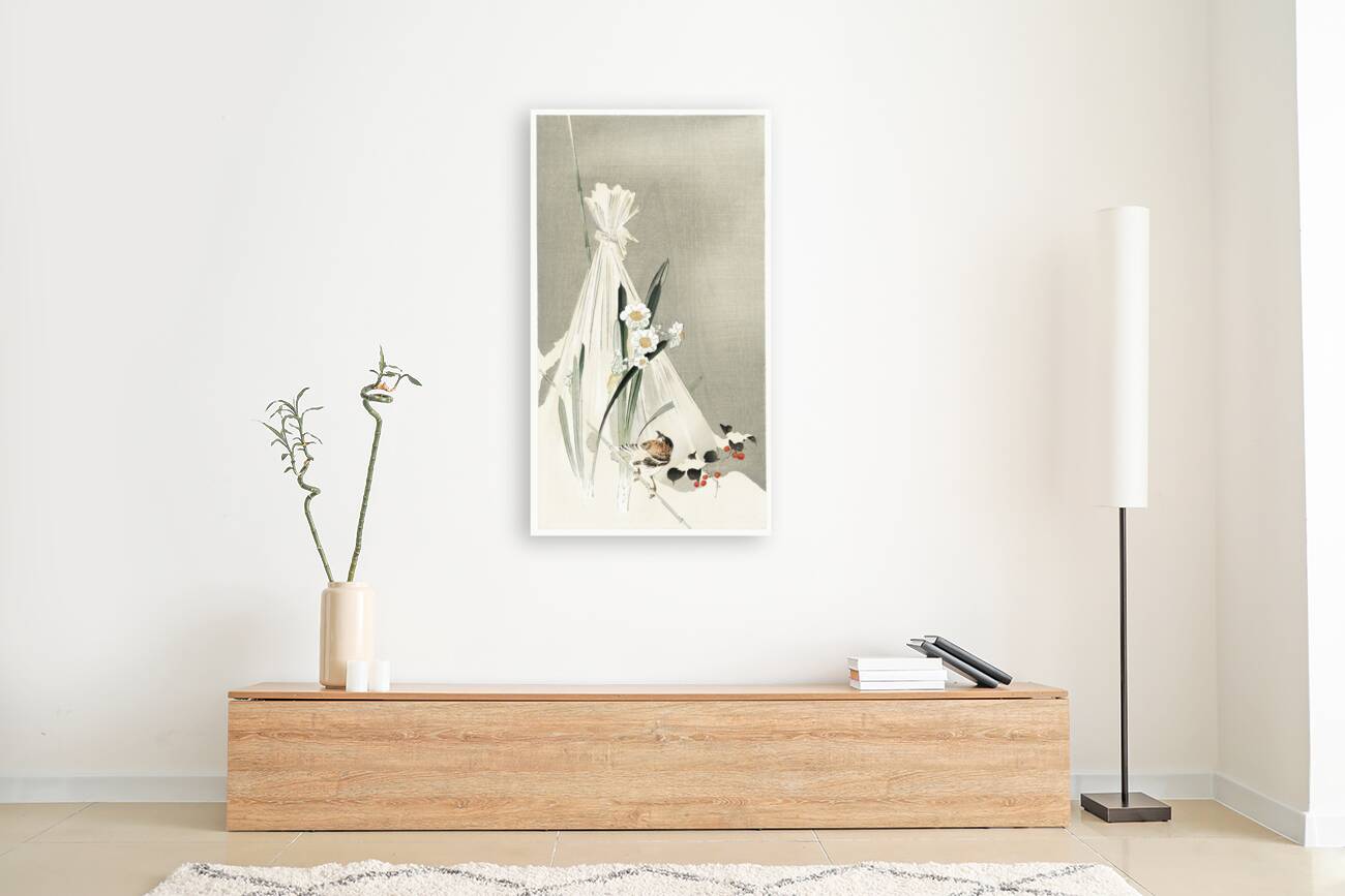 A bird with narcissus flowers and a hay bundle 1900-1930 by Ohara Koson 1877-1945. Reproduction