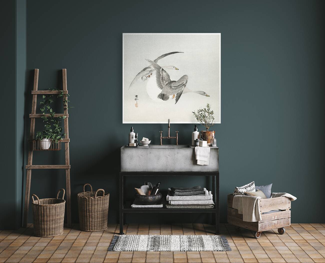 Two colt geese in flight 1900 - 1930 by Ohara Koson 1877-1945. Reproduction