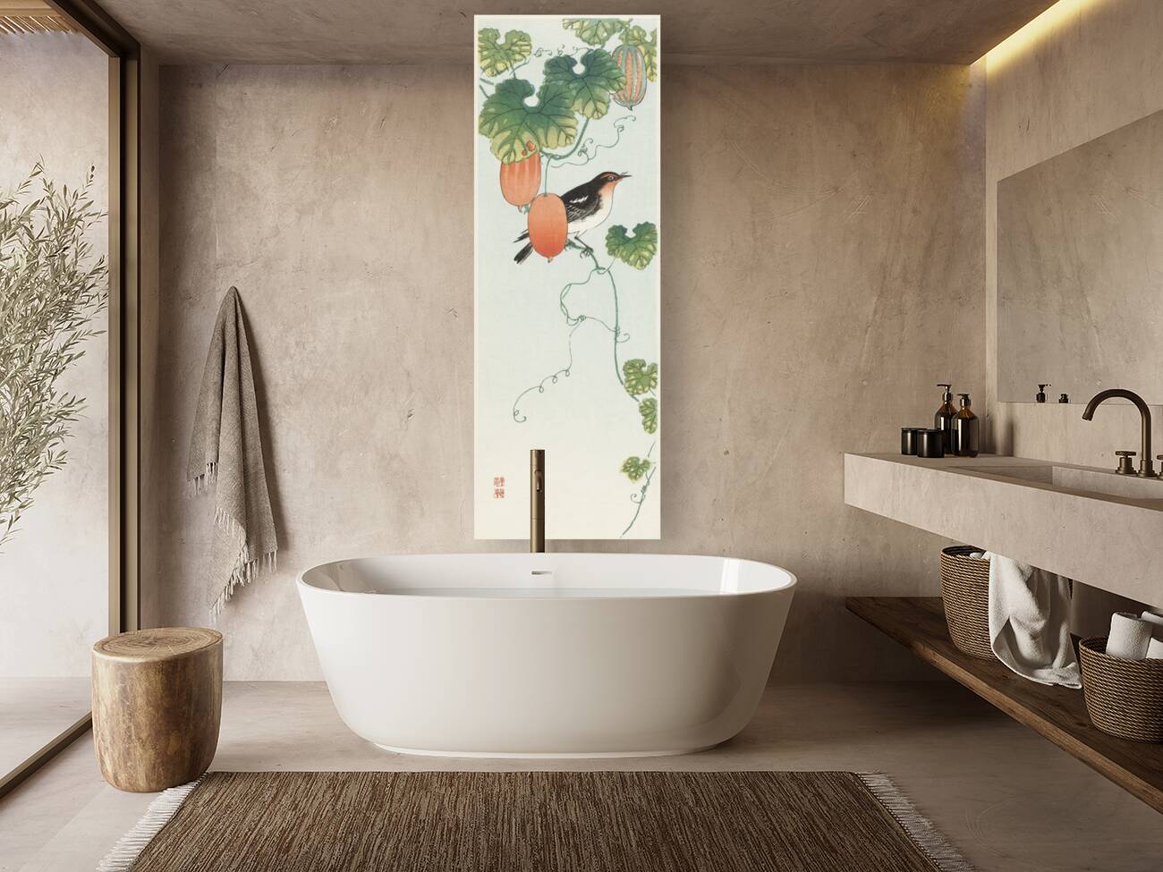 Songbird in cucumber plant 1925 - 1936 by Ohara Koson 1877-1945. Reproduction