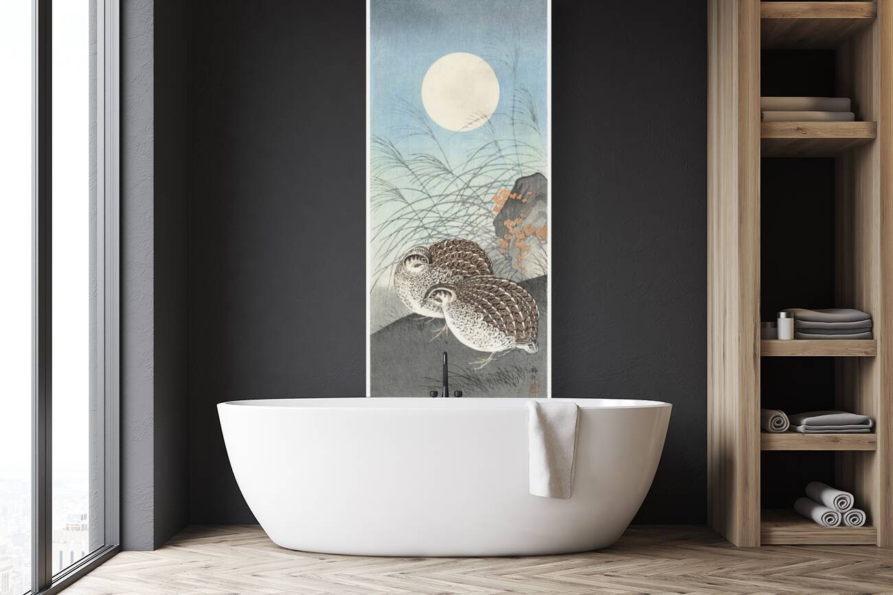 Two quails at full moon 1900 - 1936 by Ohara Koson 1877-1945. Reproduction