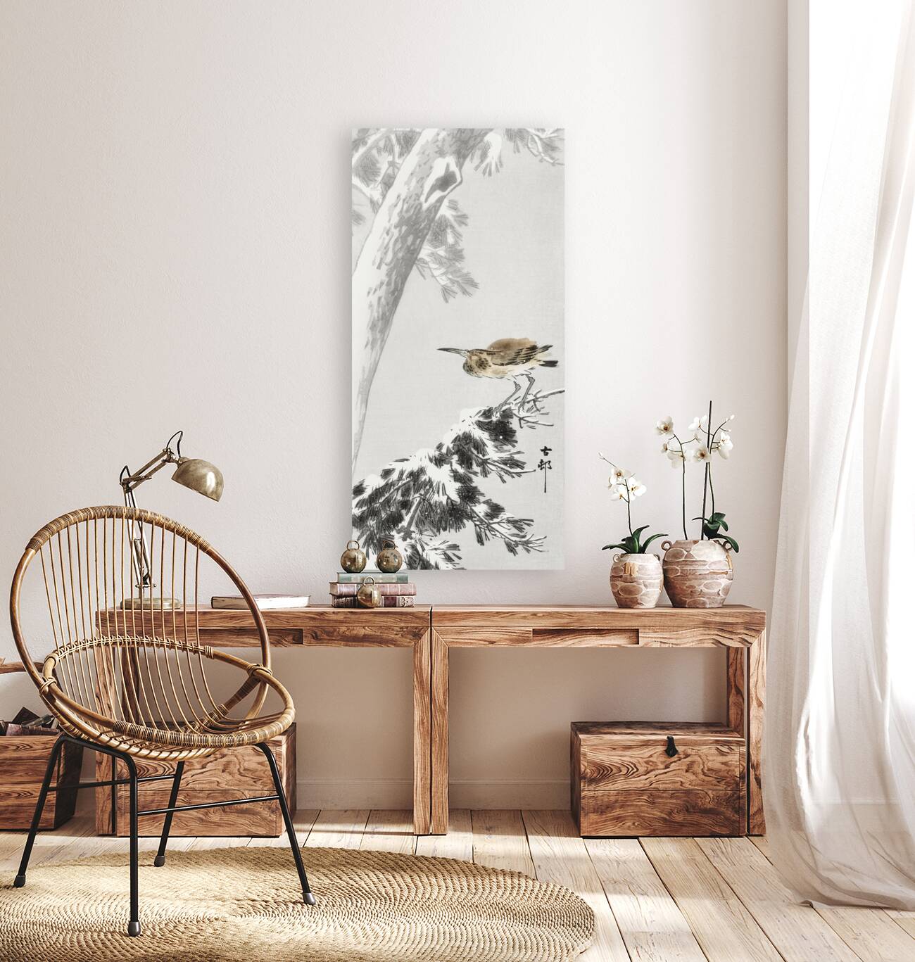 Indian quack on snowy tree branch 1900 - 1930 by Ohara Koson 1877-1945. Reproduction